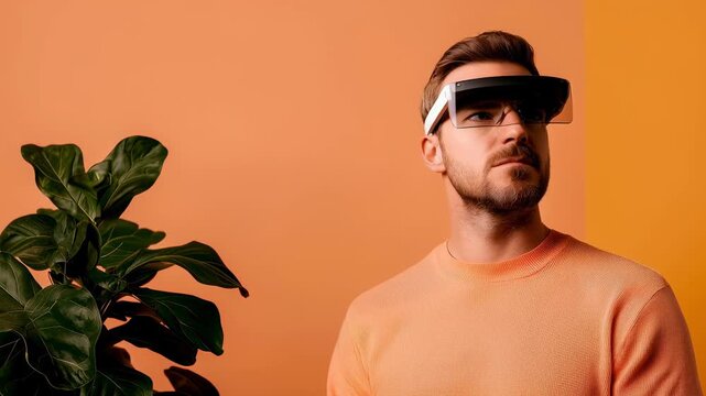 Futuristic visor man modern tech orange background minimal portrait smart glasses casual style confident creative vibe with calm focus
