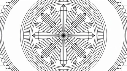 Complex geometric mandala with precise thin lines and repeating patterns. Black and white adult anti-stress coloring page for focus and mental relaxation. Minimal background with clean outline illustr