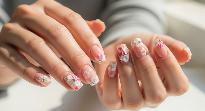 Beautifully manicured hands with a delicate whisper of spring, featuring an intricate 3D floral nail art design