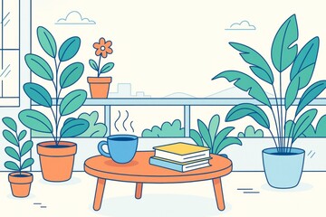 Obraz premium Cozy balcony scene with potted plants, books and coffee cup on wooden table in soft light style, peaceful outdoor relaxation background concept. Ai generative