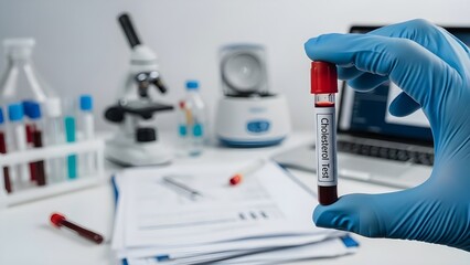 ​A scientist's hand in a blue glove holds a blood sample tube labeled "Cholesterol Test" in a blurred modern medical laboratory, symbolizing health screening and cardiovascular diagnosis.