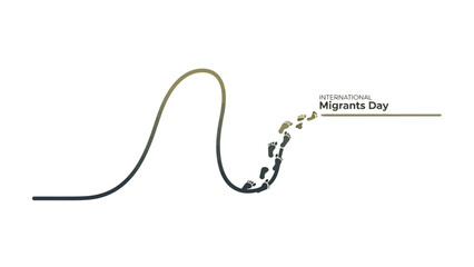 A minimalist graphic illustration of a wavy line transitioning from dark to light, symbolizing migration, with the text 'International Migrants Day' on a clean white background.