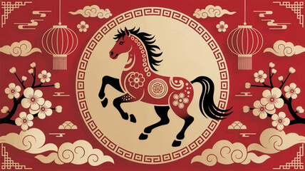 Elegant Chinese horse art with festive red decorative style. Lunar horse illustration with classic oriental floral accents. Festive zodiac horse design in traditional red ornament pattern