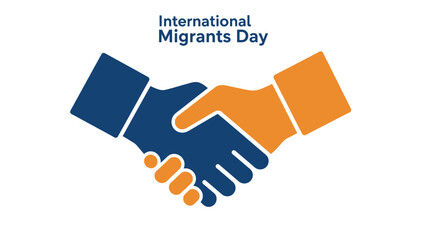 Graphic illustration of two shaking hands in blue and orange hues, celebrating International Migrants Day with a symbolic gesture of unity and cooperation.