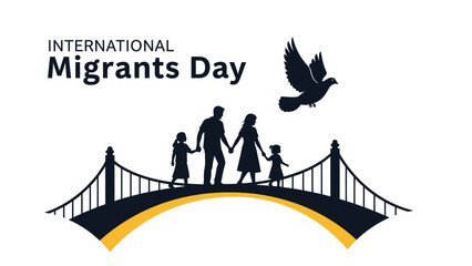 International Migrants Day graphic illustration featuring a family on a bridge with a bird in flight on a white background.