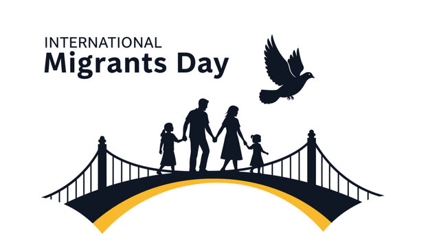 International Migrants Day graphic illustration featuring a family on a bridge with a bird in flight on a white background. - Powered by Adobe