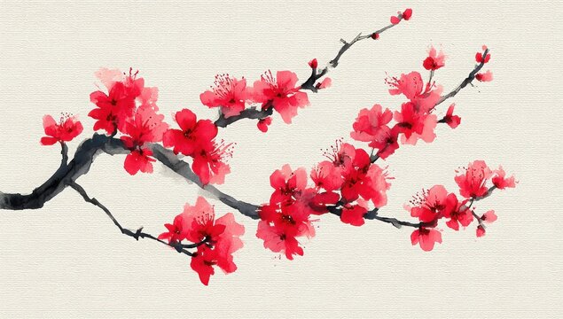 A red cherry blossom tree branch with red flowers