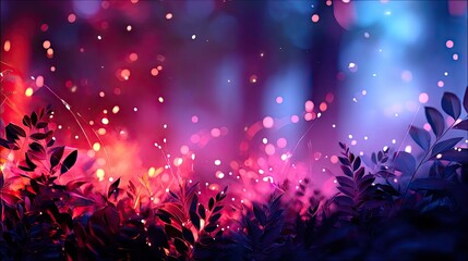 An abstract image featuring dark foliage in the foreground with bokeh lights in shades of pink, purple, and blue, creating a dreamy and ethereal atmosphere.
