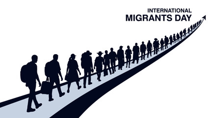 Graphic illustration of a diverse group of people walking in a line with luggage on International Migrants Day, conveying a sense of movement and unity in a flat, minimalist style with dark