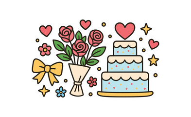Wedding flat vector illustration collection of cute wedding icons wedding cake flowers bow hearts stars arranged horizontal composition handdrawn outlines bright color palette minimal clean