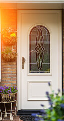Facade of typical Dutch door house with brick walls, steps, front door windows. Doors on the street, Netherlands