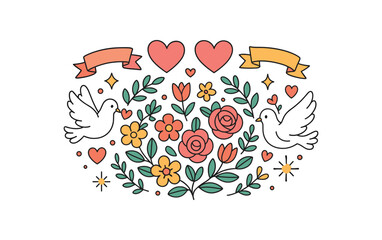 Wedding flat vector illustration collection of cute wedding icons floral wreath ribbons dove hearts spark dots arranged horizontal composition handdrawn outlines bright color palette