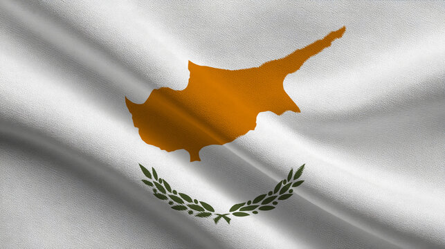 The flag of Cyprus proudly waves, showcasing its map in orange and green olive branches. This scene symbolizes the nation’s independence and commitment to sovereignty during a bright celebration. - Powered by Adobe