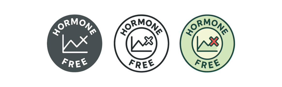 hormone free icons three hormone free badge icons one flat solid monochrome one thin black outline black and white one full color flat icon with simple line graph and cross
