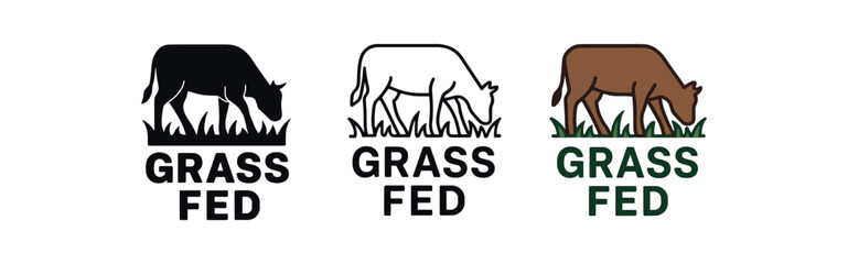 grass fed icons three grass fed cow and grass icons one flat solid monochrome one thin black outline black and white one full color flat icon green and brown