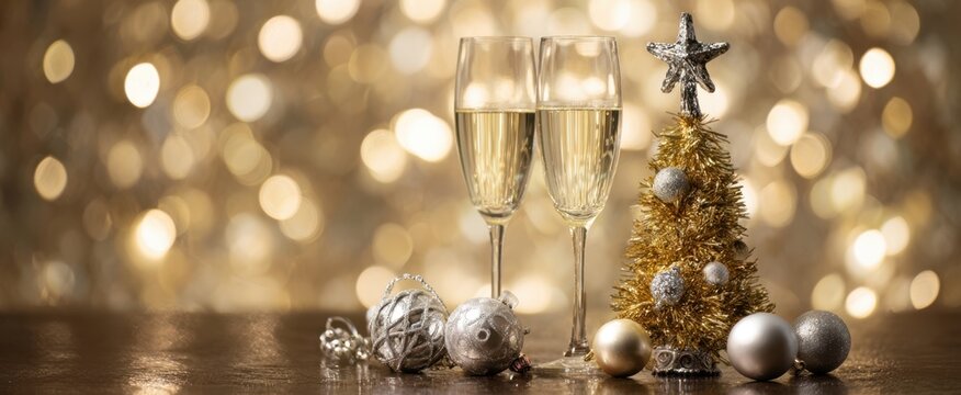 The Champagne Glasses and Festive Gold Mini Christmas Tree with Ornaments