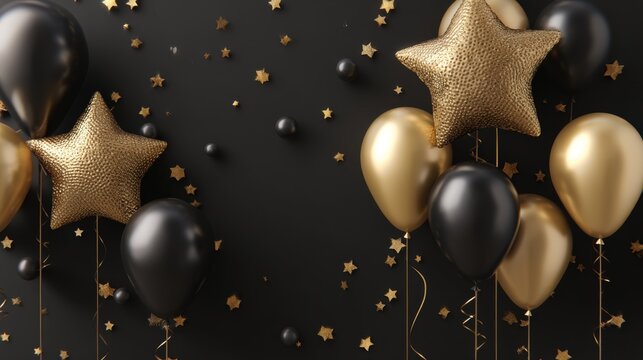 Elegant black and gold birthday celebration background with shimmering stars, festive balloons, and party decor for special occasions