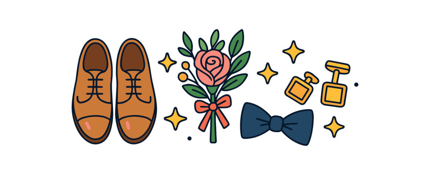 Wedding flat vector illustration collection of cute wedding icons groom shoes boutonniere bow tie cufflinks stars arranged horizontal composition handdrawn outlines bright color palette