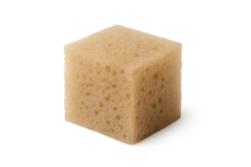 Beige foam cleaning sponge cube with porous structure