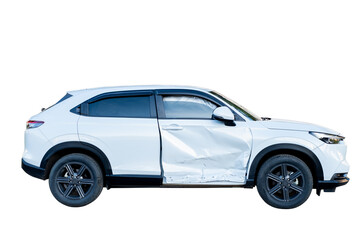 Fototapeta premium Car crash, Side view of white sedan car get damaged by accident on the road. damaged cars after collision. isolated on transparent background, car crash bumper for graphic design, PNG File