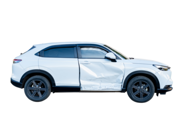 Car crash, Side view of white sedan car get damaged by accident on the road. damaged cars after collision. isolated on transparent background, car crash bumper for graphic design, PNG File