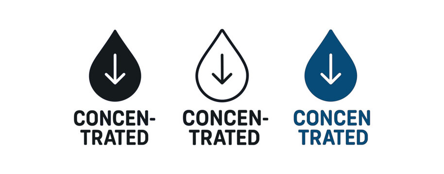 concentrated formula icons three concentrated drop and arrow icons one flat solid monochrome one thin black outline black and white one full color flat icon deep blue