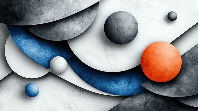 An abstract composition featuring spheres and geometric shapes with textured surfaces in shades of gray, white, blue, and orange.