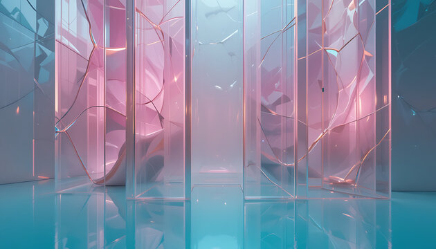 Abstract background with translucent vertical panels in soft pink and blue hues reflecting light and creating a dreamy ethereal and futuristic atmosphere