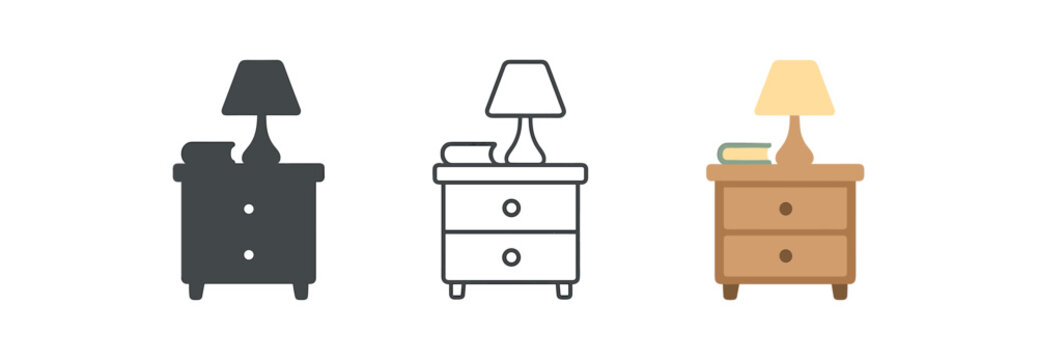 calm nightstand icons three icons of simple nightstand with lamp and book one flat solid monochrome one thin black outline black and white one full color flat icon cozy palette