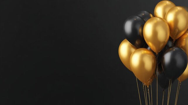Black and gold metallic balloons floating against a dark background for birthday celebrations, festive party decoration, elegant event styling, and luxury celebration themes