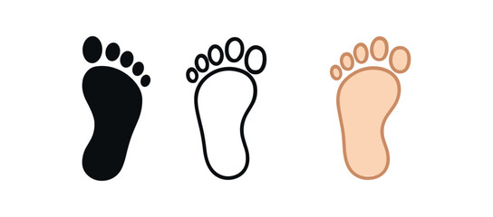 footprint icons three barefoot footprint icons one flat solid monochrome one thin black outline black and white one full color flat icon soft beige