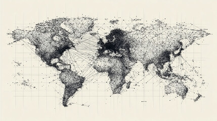 An intricately detailed map of the world with lines connecting different locations, depicting a network of connections and routes