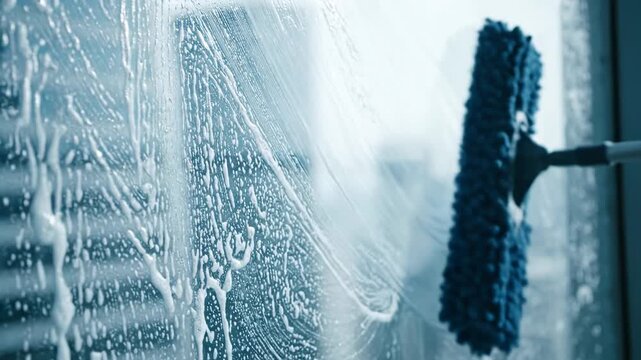 A blue mop applies sudsy cleaner to a window. Streaks of soap cover the glass during cleaning.