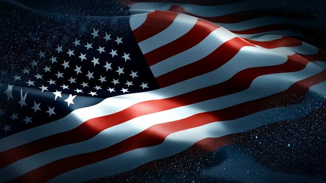 Waving United States of America flag with dramatic lighting and dark starry background for patriotic theme