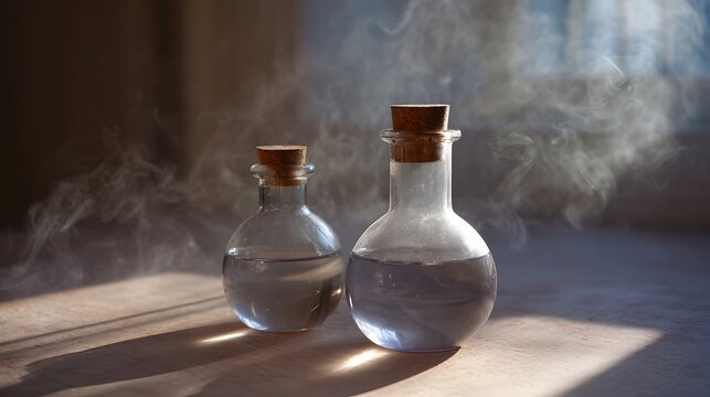 Two glass flasks with liquid and swirling vapor illuminated by soft sunlight