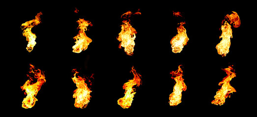 Collection of isolated flames on black background. Perfect for digital art, design and visual effects. Perfect for energy explosion scenes.