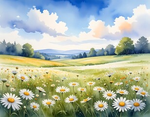 Watercolor meadow of daisies, rolling hills, forests, and a light blue sky dotted with puffy clouds