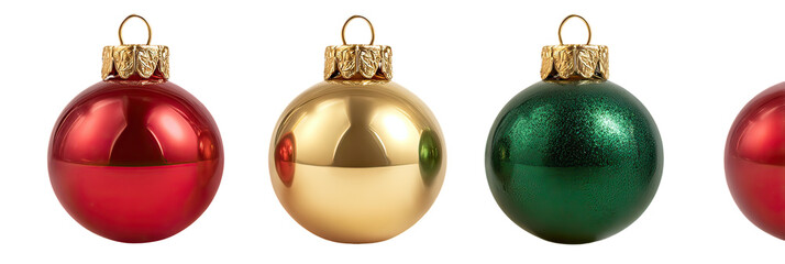 Three different colored Christmas ornaments arranged in a line on transparent background