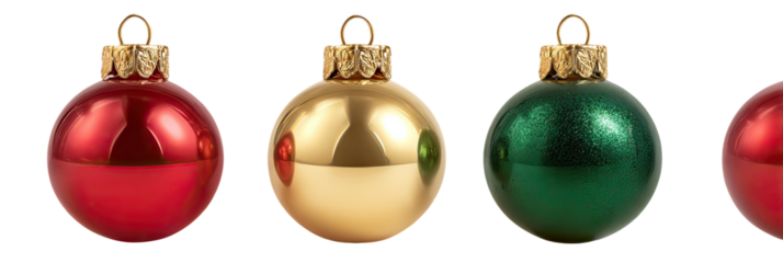 Three different colored Christmas ornaments arranged in a line on transparent background