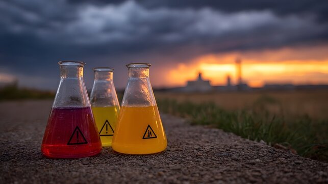 Three chemical flasks with hazard symbols are placed on a rough surface at dusk with a distant industrial facility under a dramatic sky