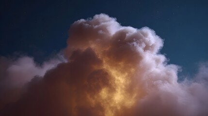 A dramatic illuminated cloud formation glows with warm colors against a dark starry night sky