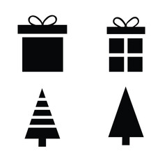 Christmas Gift Box and Tree Icon Set &ndash; Minimal Black Holiday Silhouette Vector Collection