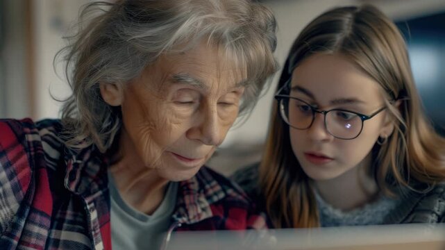 An elderly person and a young girl working together on a computer tablet.