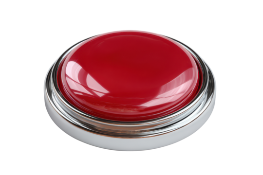 Glossy red button with chrome rim on black background metal, Isolated On Transparent Background, Png Cut Out