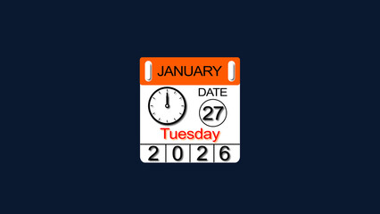 27 January 2026 Calendar illustration with clock icon. Perfect for countdown videos, on a black background. and stunning 4k illustration .
