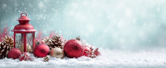 The red lantern and Christmas ornaments arranged on a snowy winter background