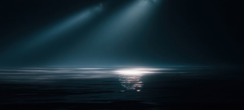 The Ocean Surface Illuminated by Moonlight with Misty Beams Over Calm Water