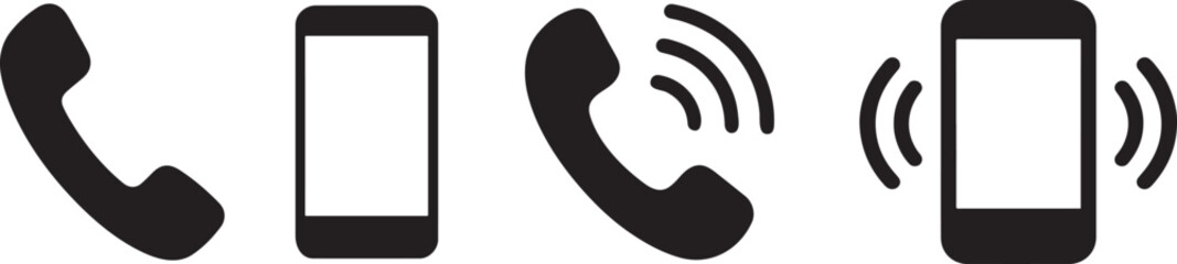 Silhouette ringing phone icon set showing call alerts, notifications, and communication signals.