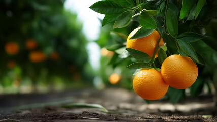 Oranges grow on branches in lush green citrus orchard. Bright sunlight illuminates ripe fruit. Concept of agriculture, healthy eating, organic farming
