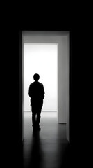 Obraz premium Enigmatic Passage: A lone figure emerges from darkness into a bright, illuminating corridor, presenting a captivating play of light and shadow, hinting at anticipation and introspection.